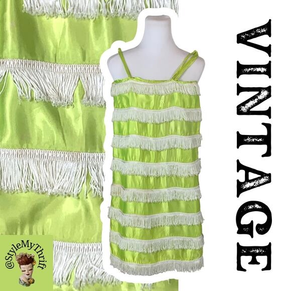 Vintage Flapper Dress Lime Green Fringe Cosplay Costume Halloween Gatsby 1920s - Picture 1 of 10